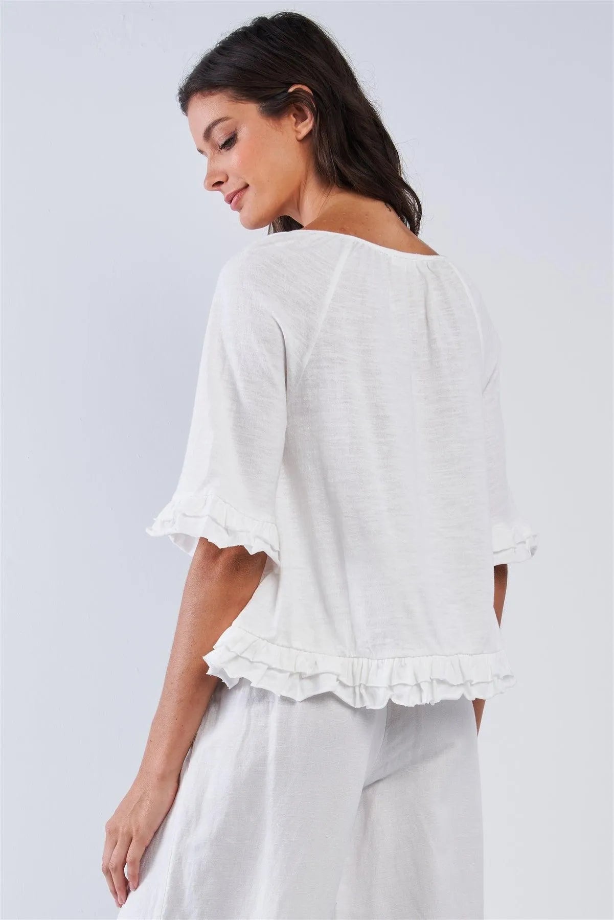 Solid White Cotton Loose Fit Mid Sleeve Ruffle Hem Country Style Peasant Top - Tasha Apparel Wholesale
