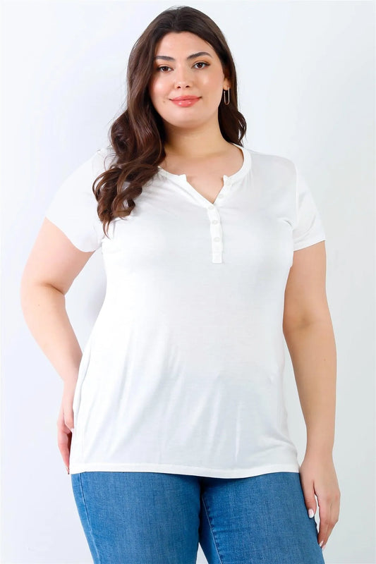 Junior Plus Off-White Short Sleeve Henley T-Shirt Top /2-2-2 - Tasha Apparel Wholesale