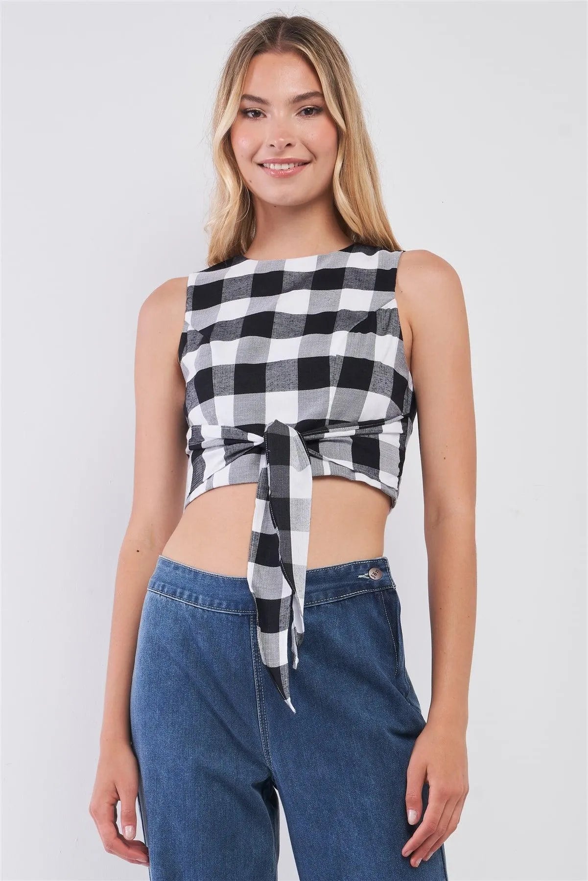 Black & White Buffalo Plaid Sleeveless Crew Neck Tie Front Cropped Top /1-2-2 - Tasha Apparel Wholesale