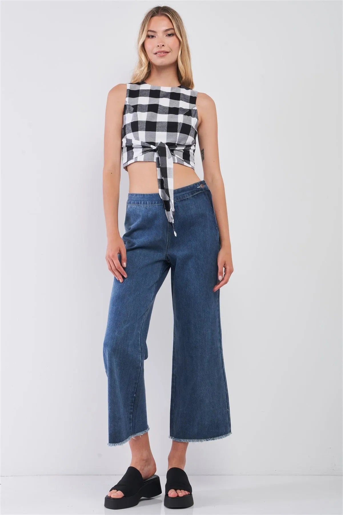 Black & White Buffalo Plaid Sleeveless Crew Neck Tie Front Cropped Top /1-2-2 - Tasha Apparel Wholesale