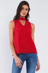 Cherry Red Embroidered Sleeveless Front Cut Out Halter Neck Detail Top /2-2-2 - Tasha Apparel Wholesale