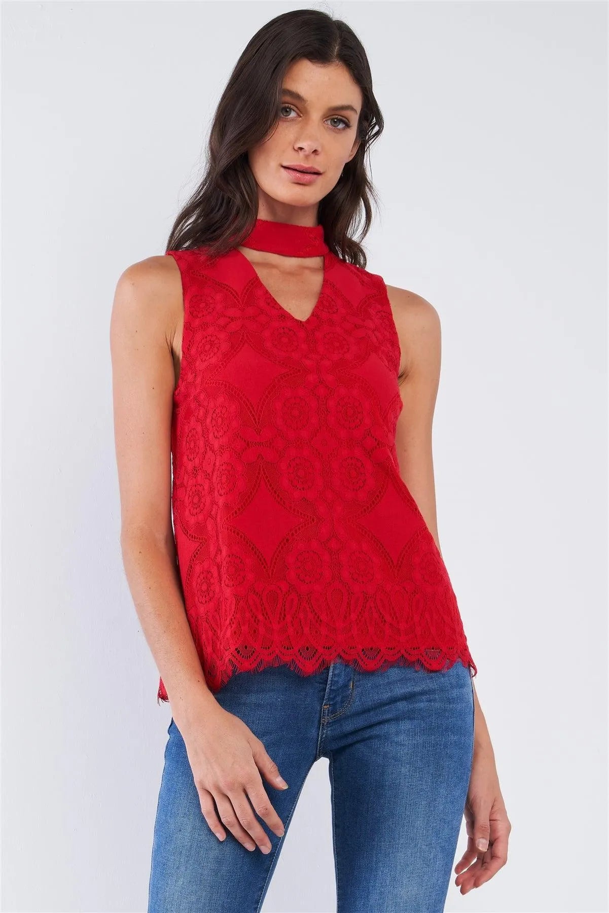 Cherry Red Embroidered Sleeveless Front Cut Out Halter Neck Detail Top /2-2-2 - Tasha Apparel Wholesale