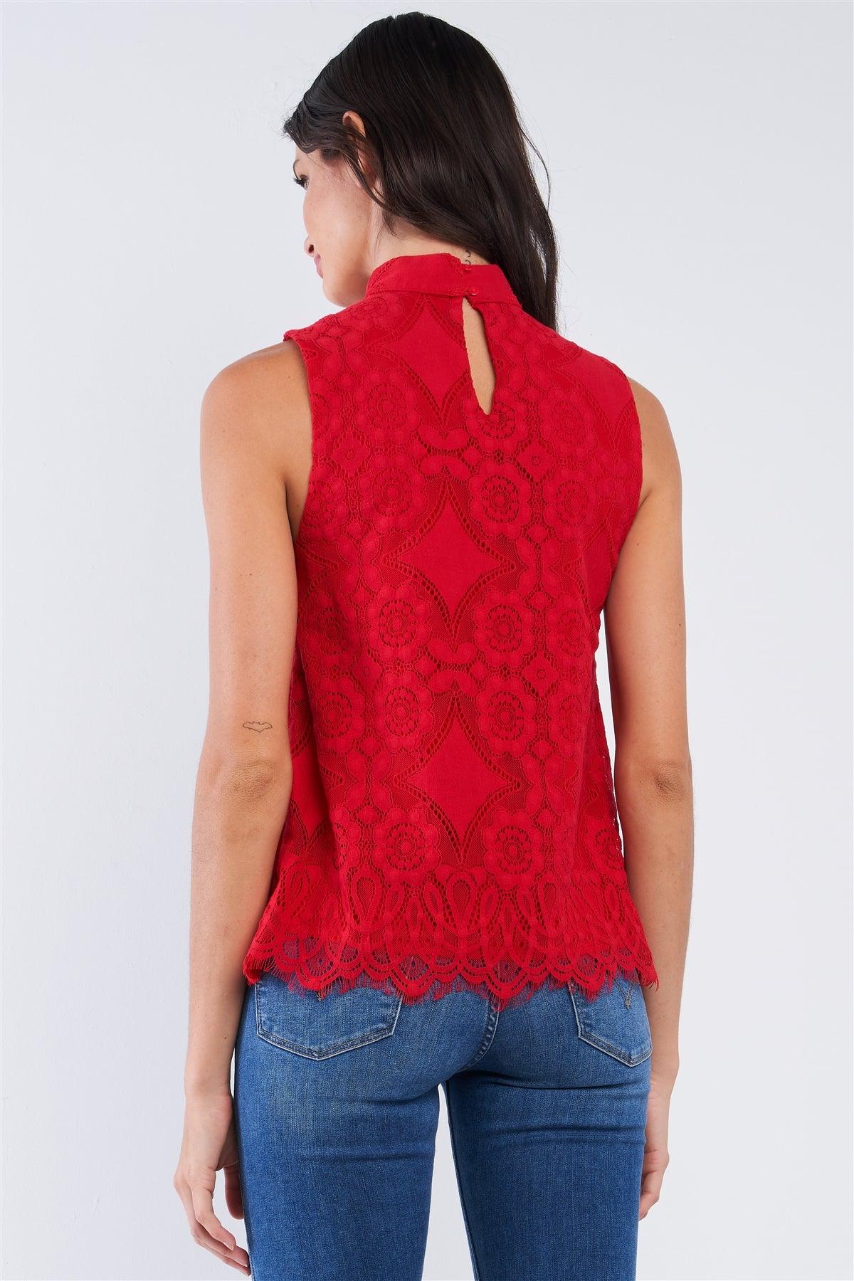 Cherry Red Embroidered Sleeveless Front Cut Out Halter Neck Detail Top /2-2-2