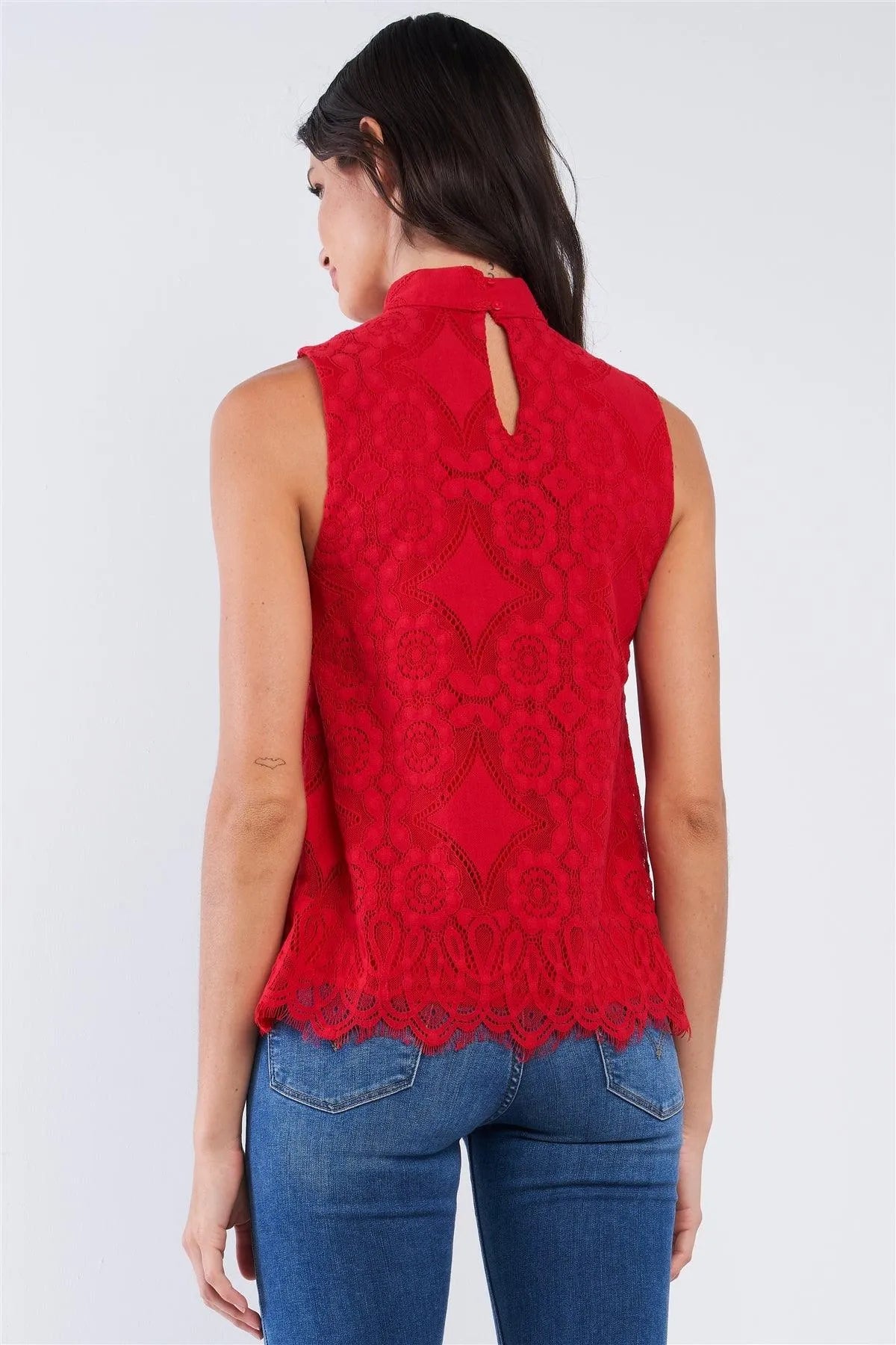 Cherry Red Embroidered Sleeveless Front Cut Out Halter Neck Detail Top /2-2-2 - Tasha Apparel Wholesale