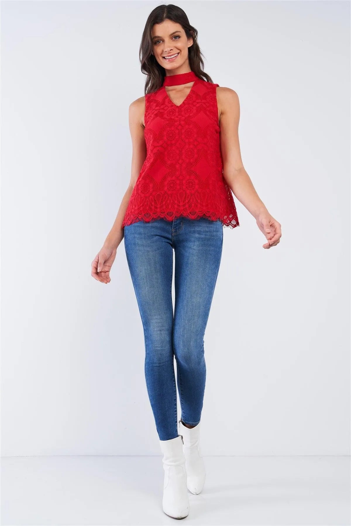 Cherry Red Embroidered Sleeveless Front Cut Out Halter Neck Detail Top /2-2-2 - Tasha Apparel Wholesale