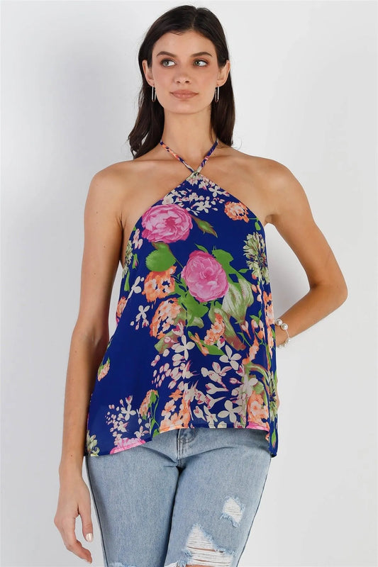 Cobalt Multi Color Floral Print Tie Halter Neck Backless Top /1-2-2-1 - Tasha Apparel Wholesale