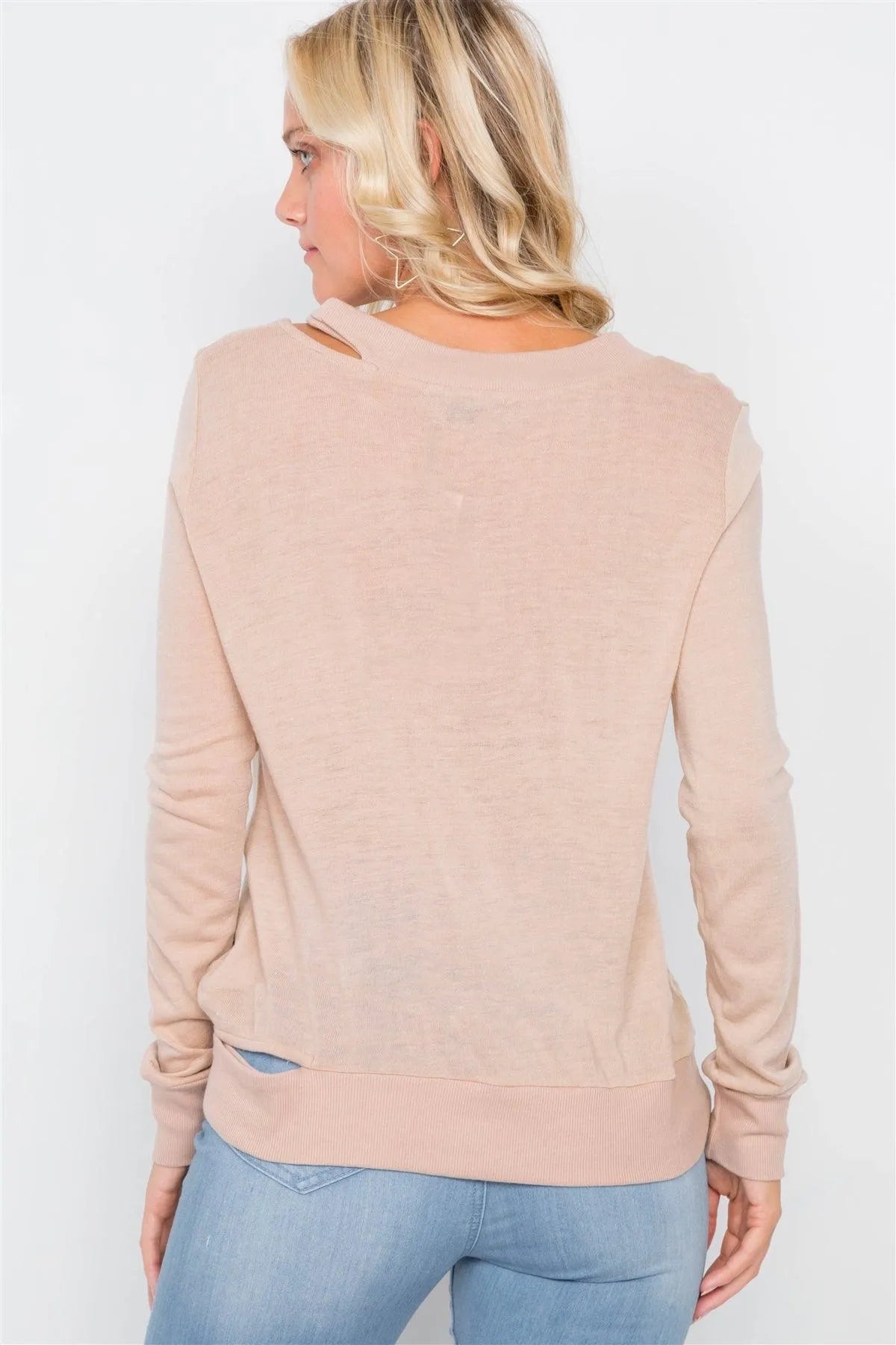 Tan Cold Shoulder Cut Out Semi-Sheer Sweater /3-2-1 - Tasha Apparel Wholesale
