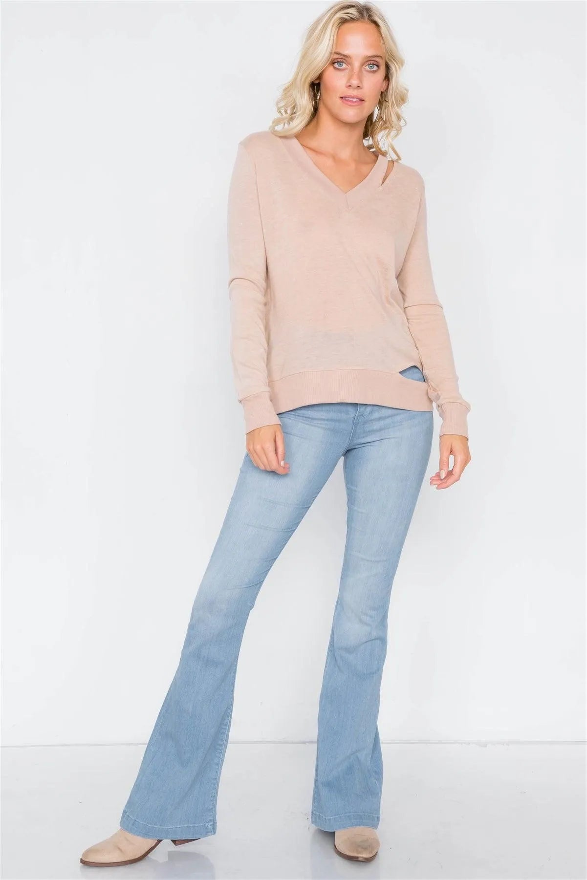 Tan Cold Shoulder Cut Out Semi-Sheer Sweater /3-2-1 - Tasha Apparel Wholesale