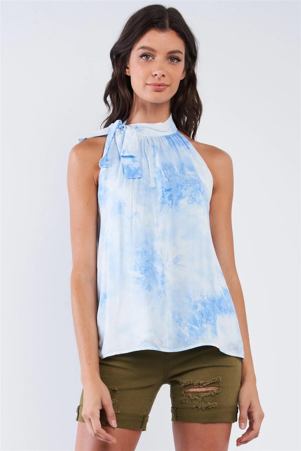Sky Blue Tie Dye Bow Tie Neckline Summer Top - Tasha Apparel Wholesale
