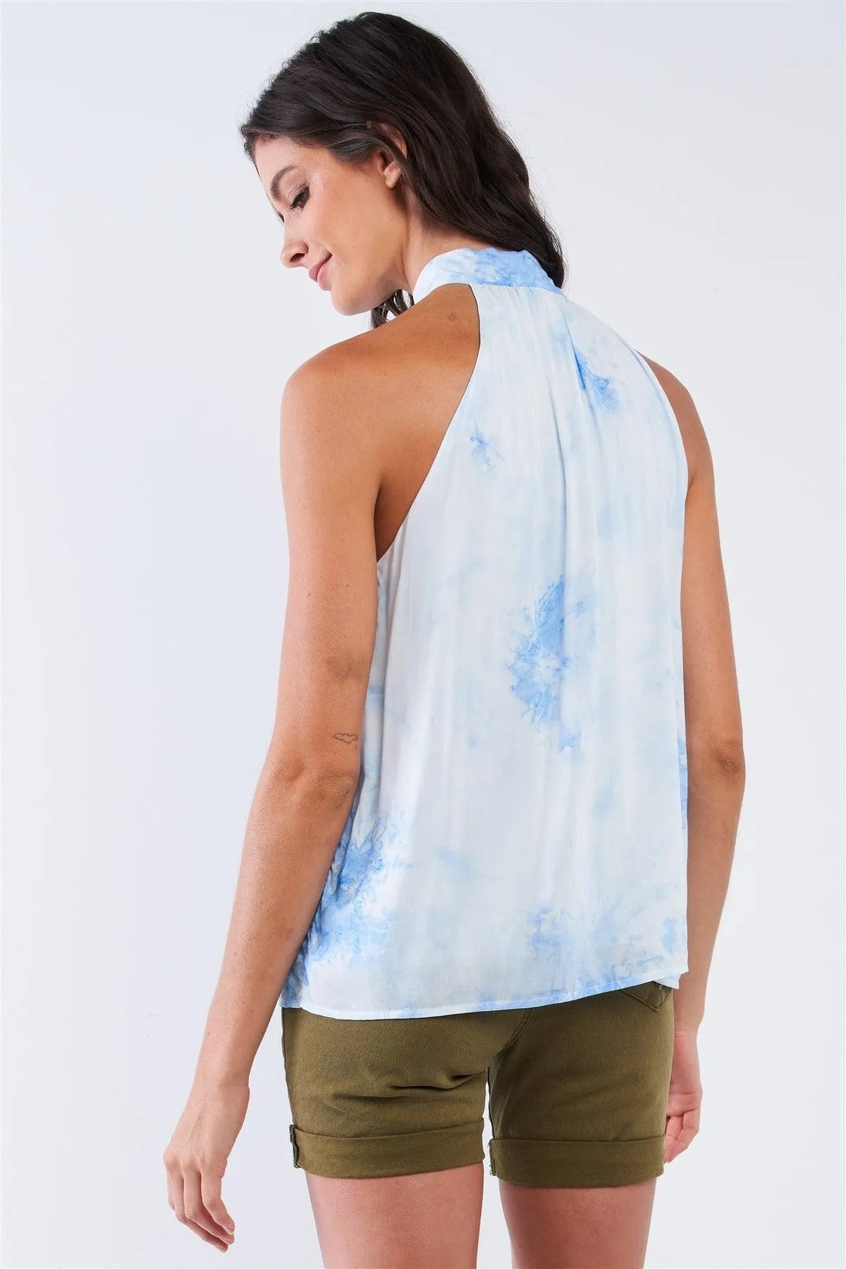 Sky Blue Tie Dye Side Bow Tie Neckline Long Sleeveless Summer Top - Tasha Apparel Wholesale