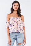 Peach Multicolor Floral Print Off-The-Shoulder Flying Cropped Top /1-2-2-1