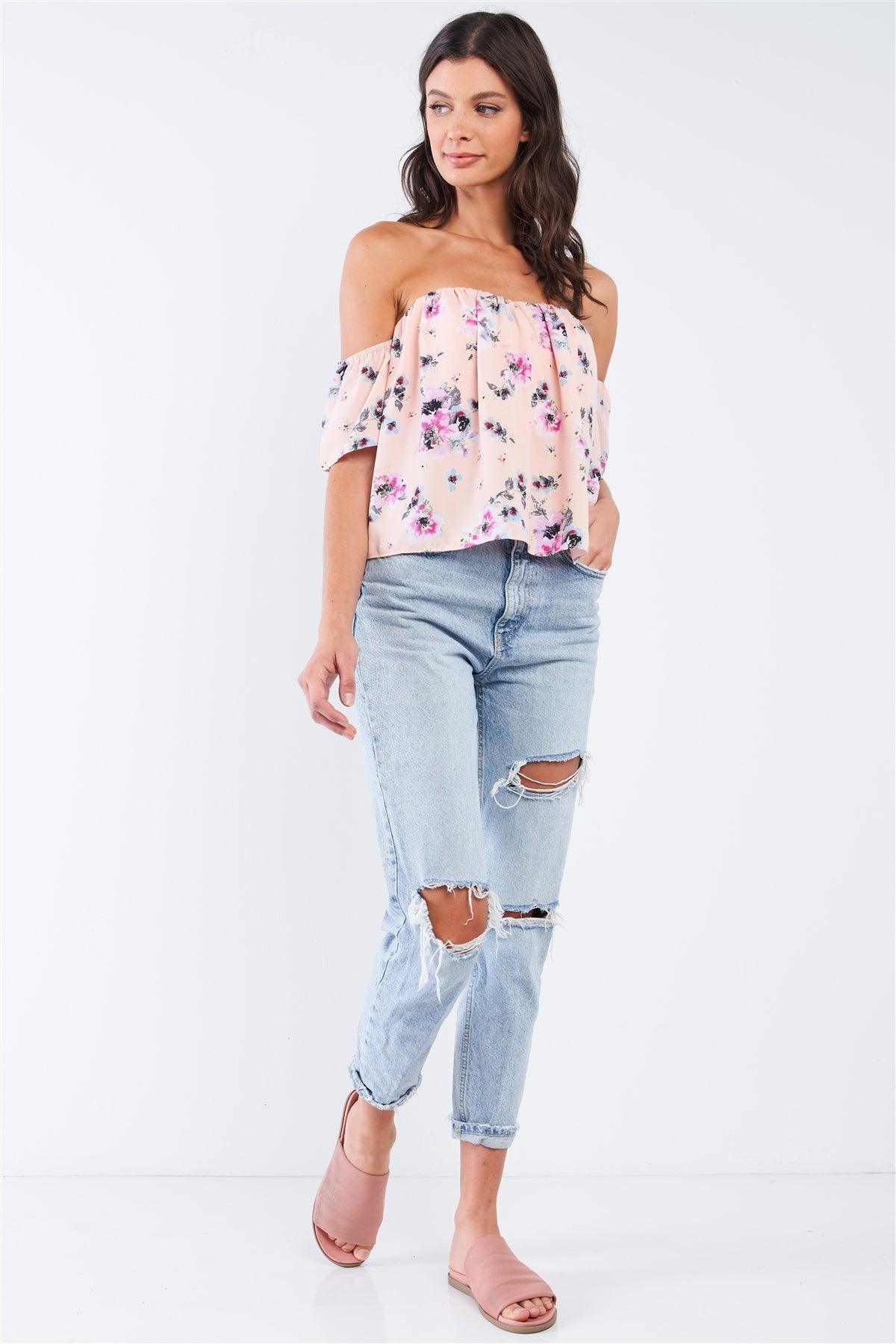 Peach Multicolor Floral Print Off-The-Shoulder Flying Cropped Top /1-2-2-1