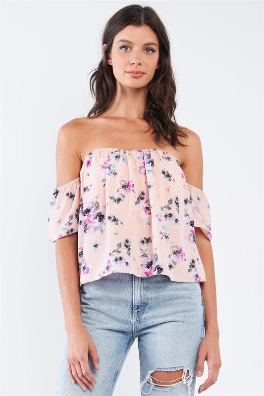 Peach Multicolor Floral Print Off-The-Shoulder Flying Cropped Top - Tasha Apparel Wholesale