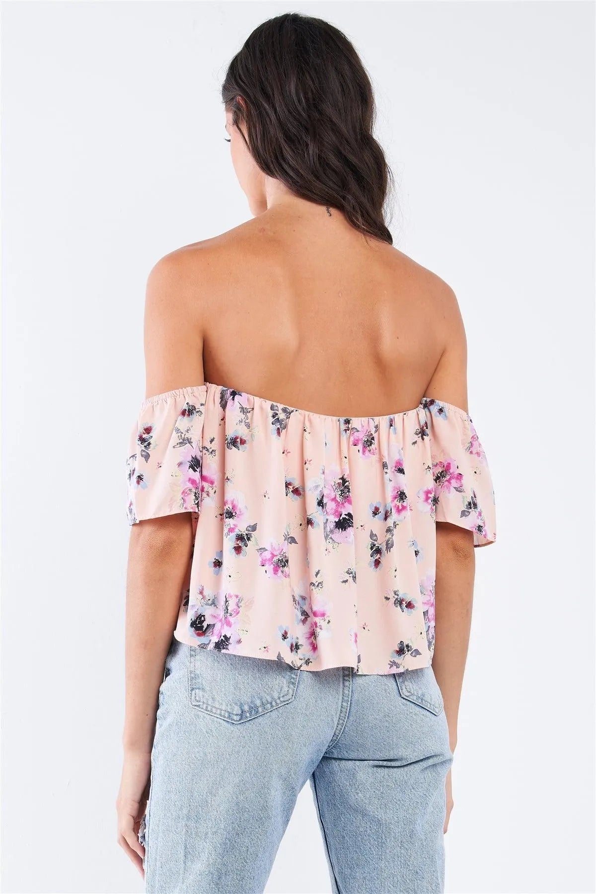 Peach Multicolor Floral Print Off-The-Shoulder Flying Cropped Top - Tasha Apparel Wholesale