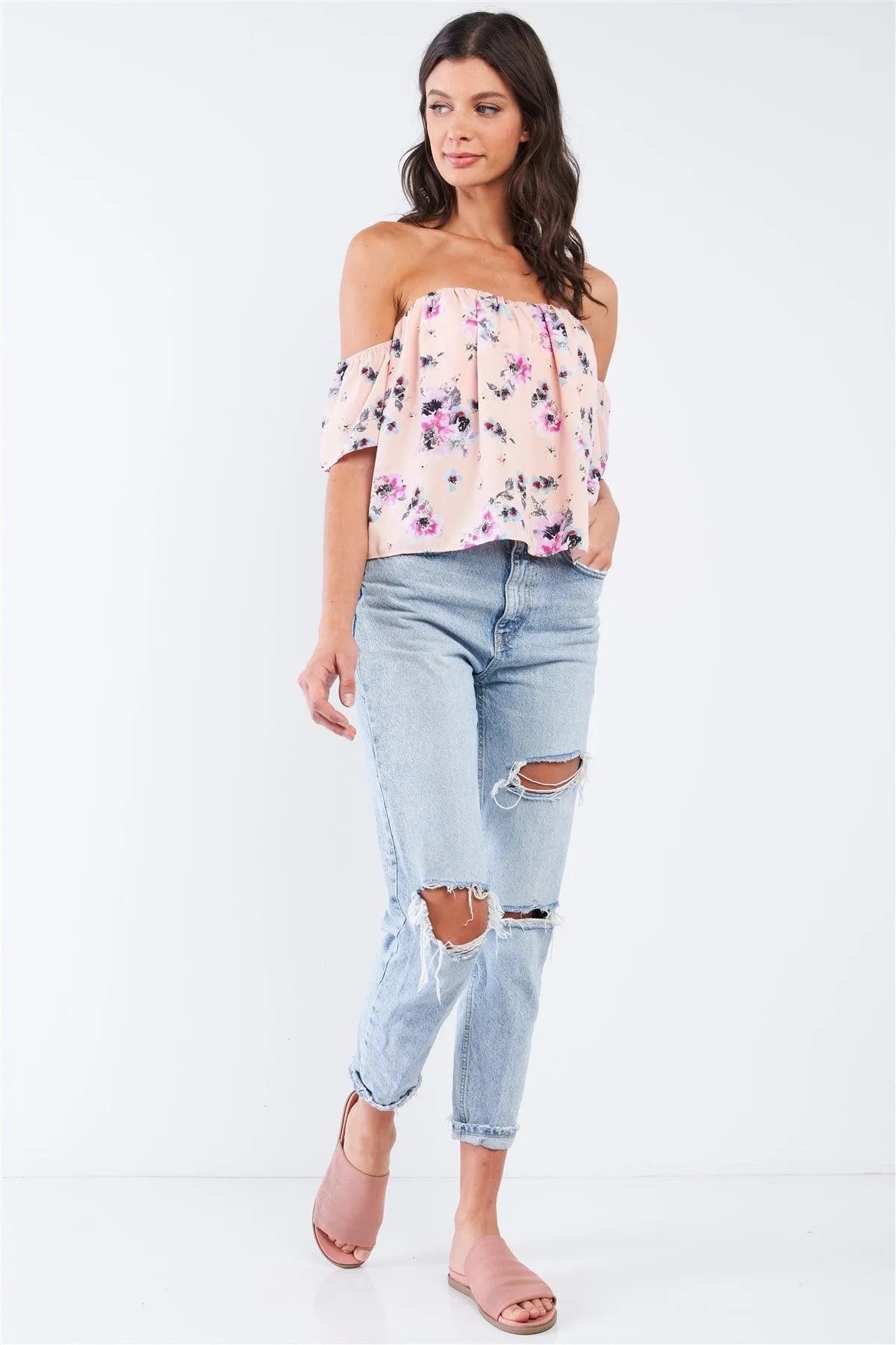 Peach Multicolor Floral Print Off-The-Shoulder Flying Cropped Top - Tasha Apparel Wholesale