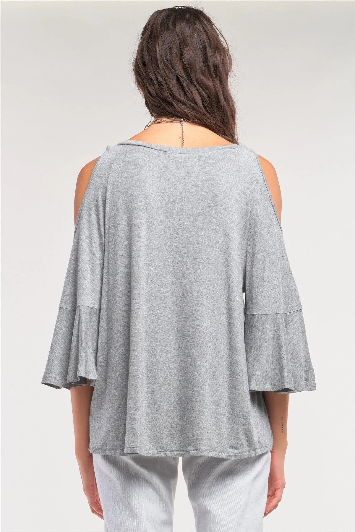 Grey Cut-Out Shoulder Midi Sleeve Relaxed Fit Crew Neck Top /1-3-2-1 - Tasha Apparel Wholesale