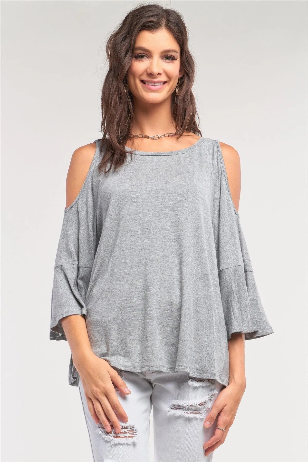 Grey Cut-Out Shoulder Midi Sleeve Relaxed Fit Crew Neck Top /1-3-2-1 - Tasha Apparel Wholesale
