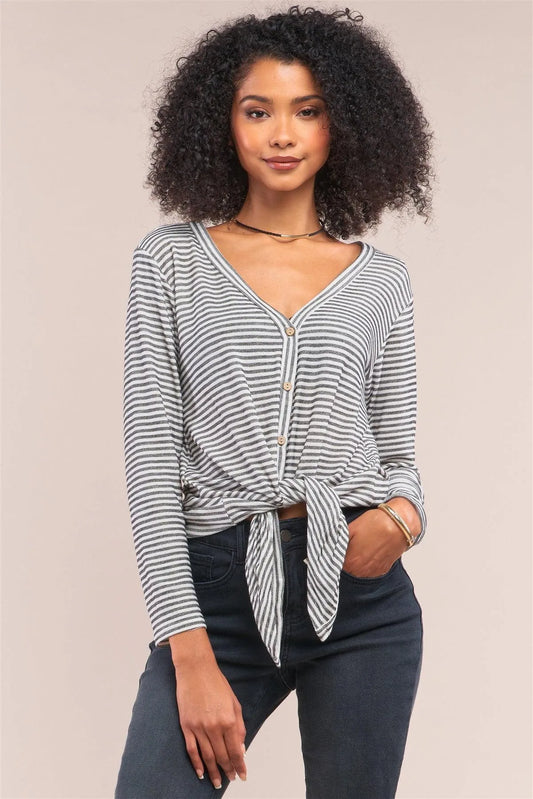 White & Black Striped V-Neck Long Sleeve Thermal Front Tie Button Down Top /3-2-1 - Tasha Apparel Wholesale