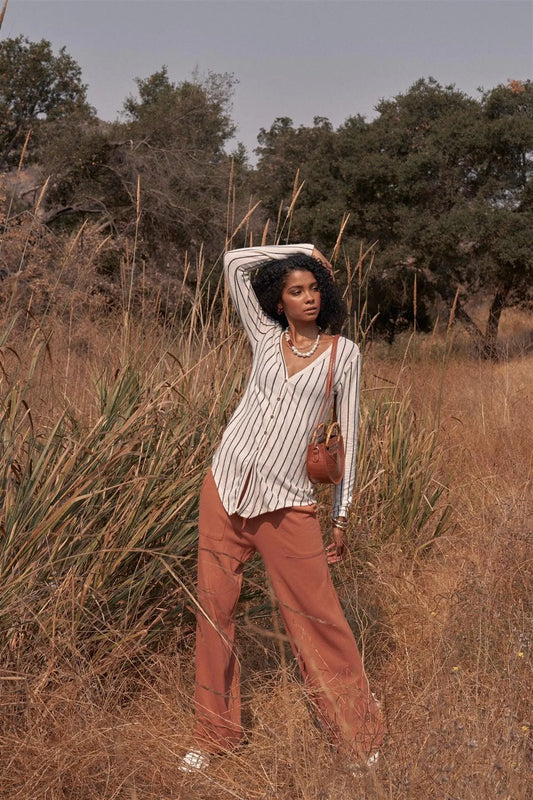 White & Black Striped V-Neck Long Sleeve Thermal Front Tie Top /3-2-1 - Tasha Apparel Wholesale