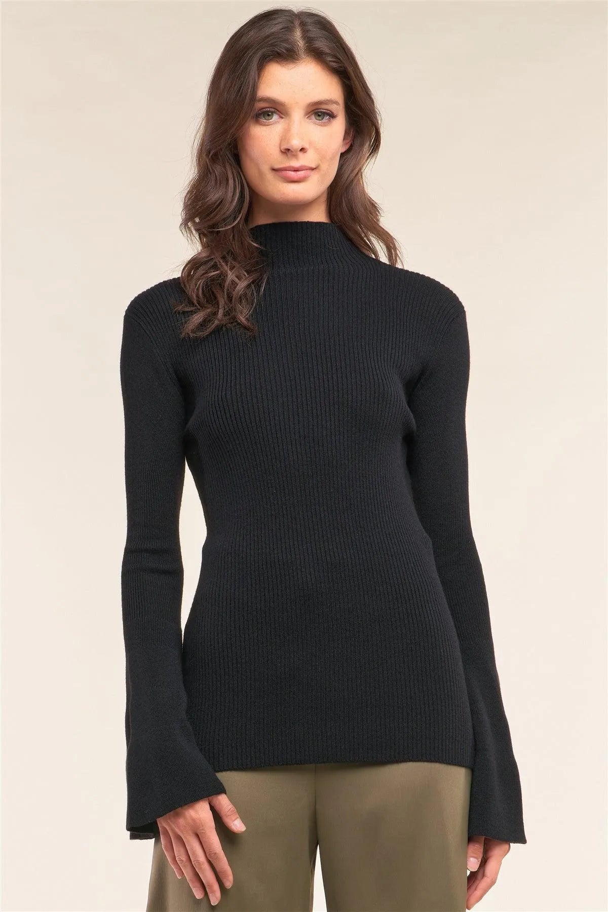 Black Ribbed Semi-Turtleneck Long Trumpet Sleeve Fitted Sweater /2-3 - Tasha Apparel Wholesale
