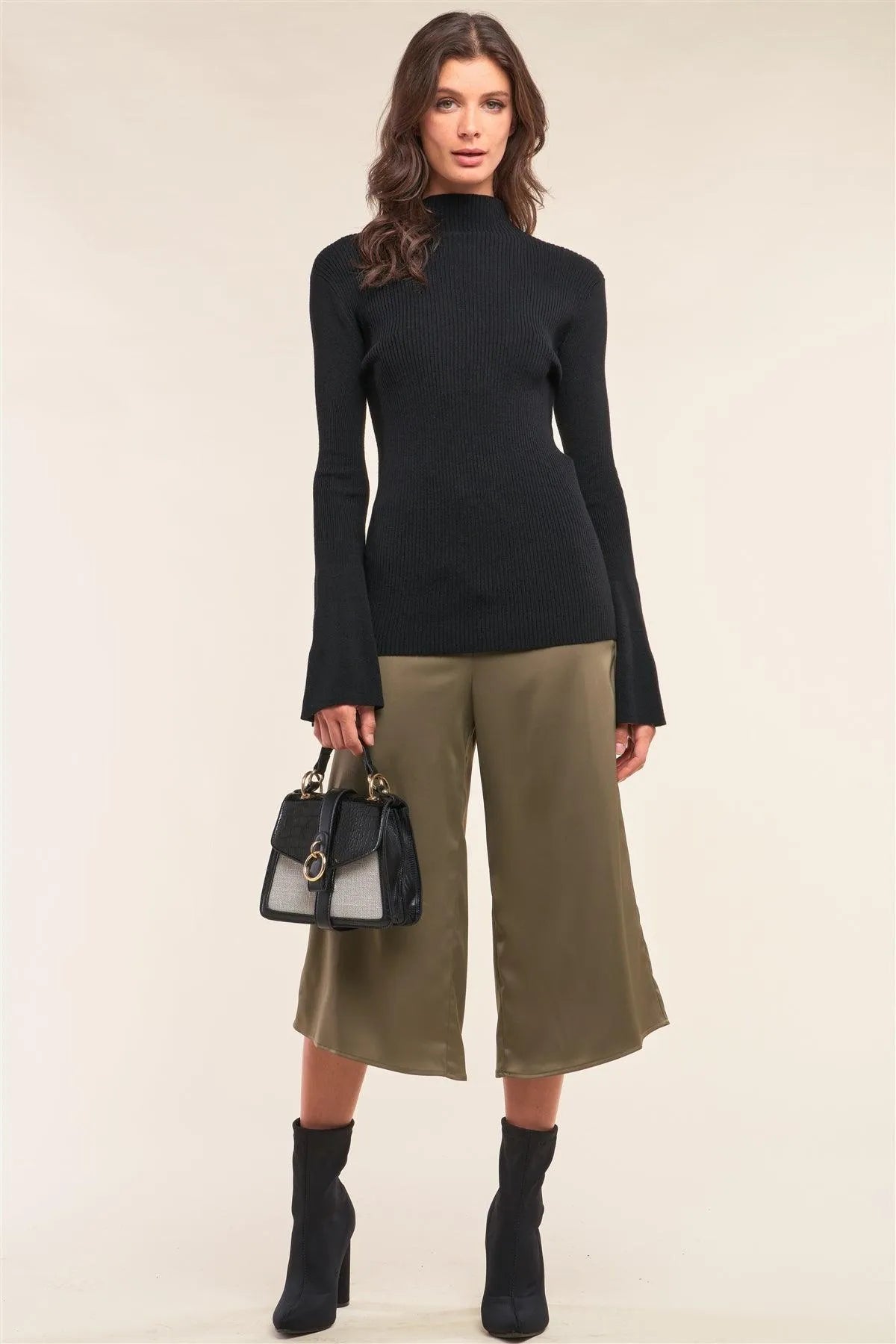 Black Ribbed Semi-Turtleneck Long Trumpet Sleeve Fitted Sweater /2-3 - Tasha Apparel Wholesale