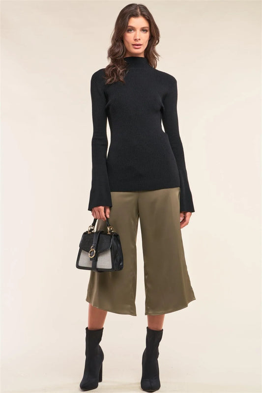 Black Ribbed Semi-Turtleneck Long Trumpet Sleeve Fitted Sweater /3-3 - Tasha Apparel Wholesale