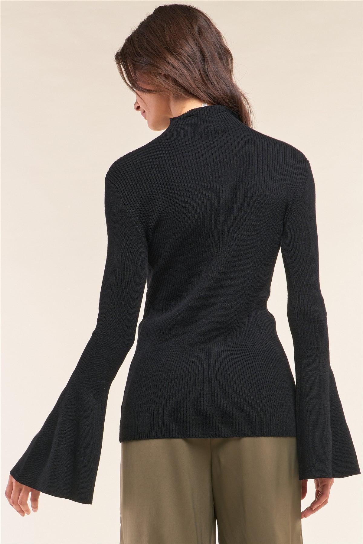Black Ribbed Semi-Turtleneck Long Trumpet Sleeve Fitted Sweater /3-3