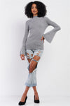 Grey Ribbed Semi-Turtleneck Long Trumpet Sleeve Fitted Sweater /2-3 - Tasha Apparel Wholesale