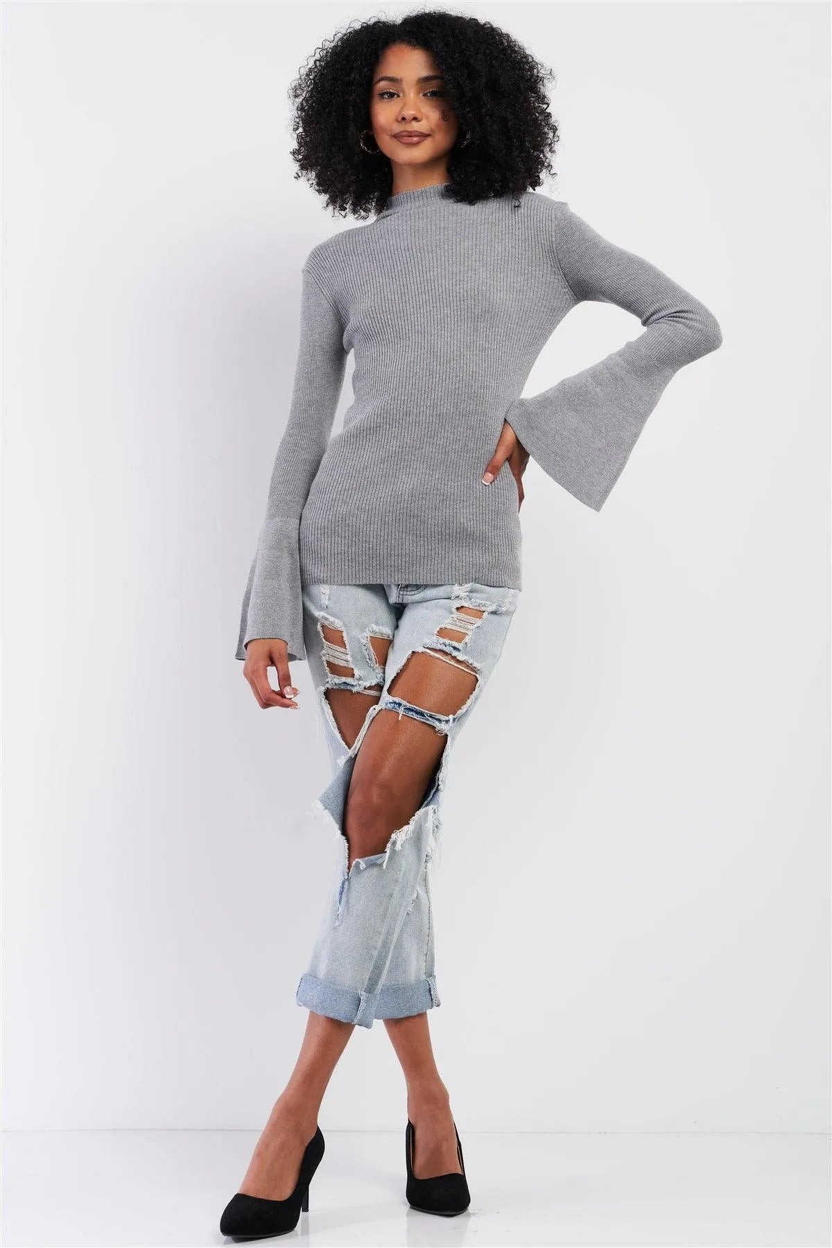 Grey Ribbed Semi-Turtleneck Long Trumpet Sleeve Fitted Sweater /2-3 - Tasha Apparel Wholesale