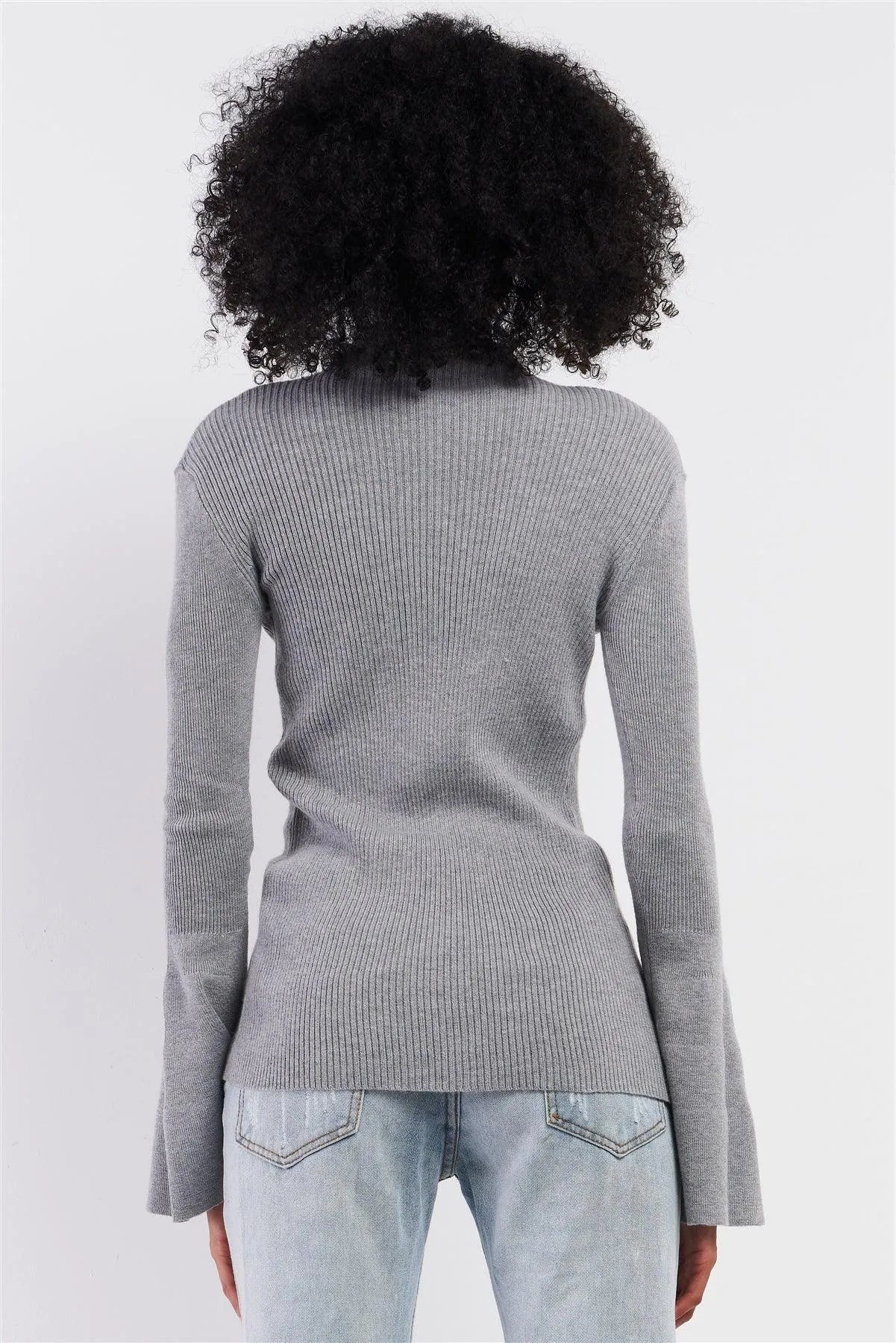 Grey Ribbed Semi-Turtleneck Long Trumpet Sleeve Fitted Sweater /2-3 - Tasha Apparel Wholesale