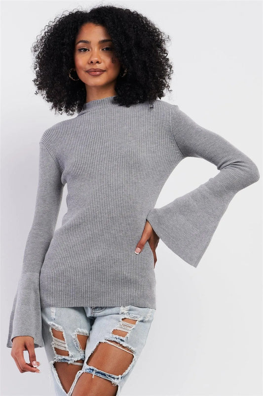 Grey Ribbed Semi-Turtleneck Long Trumpet Sleeve Fitted Sweater /3-3 - Tasha Apparel Wholesale