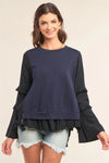 Black&Blue Asymmetrical Mixed Crew Neck Long Sleeve Ruffle Trim Self-Tie Detail Flare Bottom Top /1-2-2-1 - Tasha Apparel Wholesale