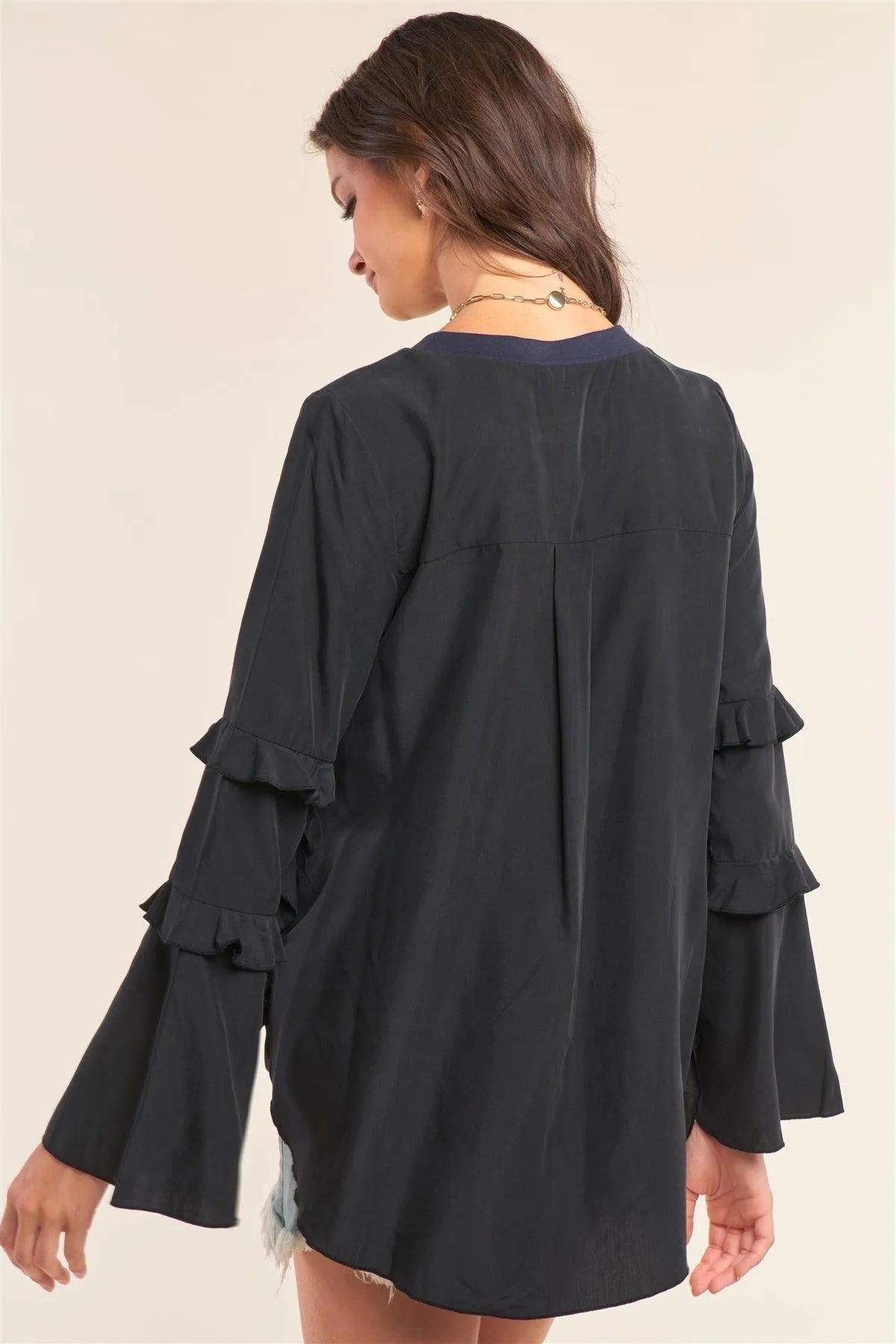 Black&Blue Asymmetrical Mixed Crew Neck Long Sleeve Ruffle Trim Self-Tie Detail Flare Bottom Top /1-2-2-1 - Tasha Apparel Wholesale