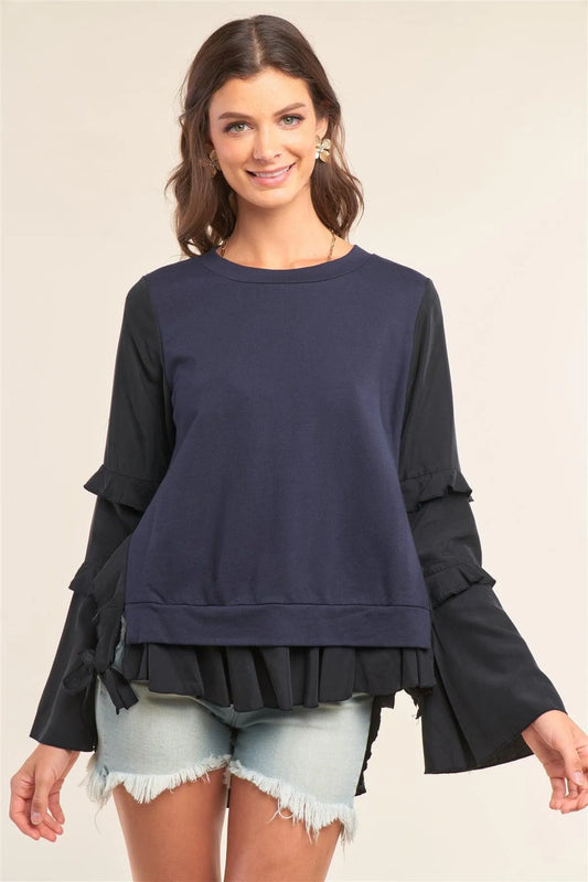 Black&Blue Asymmetrical Mixed Crew Neck Long Sleeve Ruffle Trim Self-Tie Detail Flare Bottom Top /2-2-2 - Tasha Apparel Wholesale