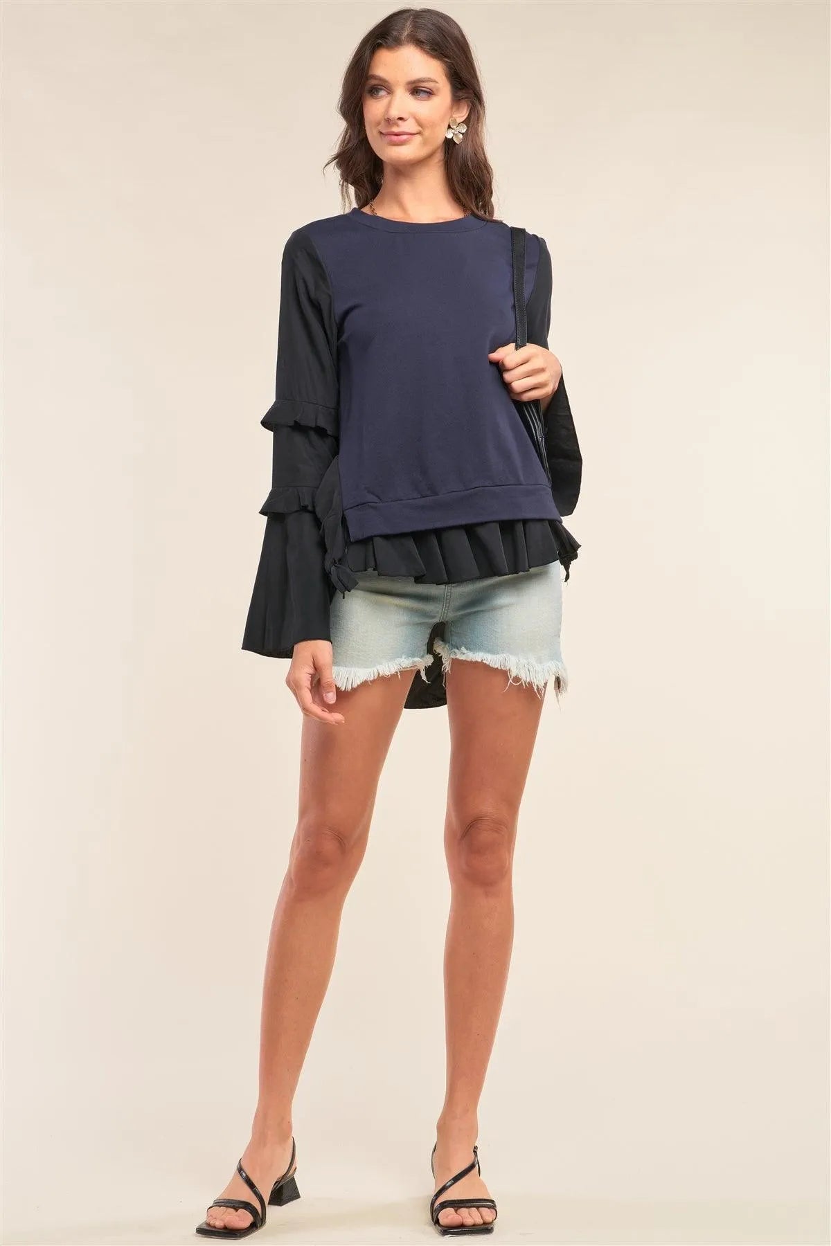 Black&Blue Asymmetrical Mixed Crew Neck Long Sleeve Ruffle Trim Self-Tie Detail Flare Bottom Top /2-2-2 - Tasha Apparel Wholesale