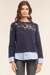 Navy Blue Floral Embroidery Crew Neck Long Sleeve Preppy Inspired Mock Up Shirt Top /1-1-2 - Tasha Apparel Wholesale