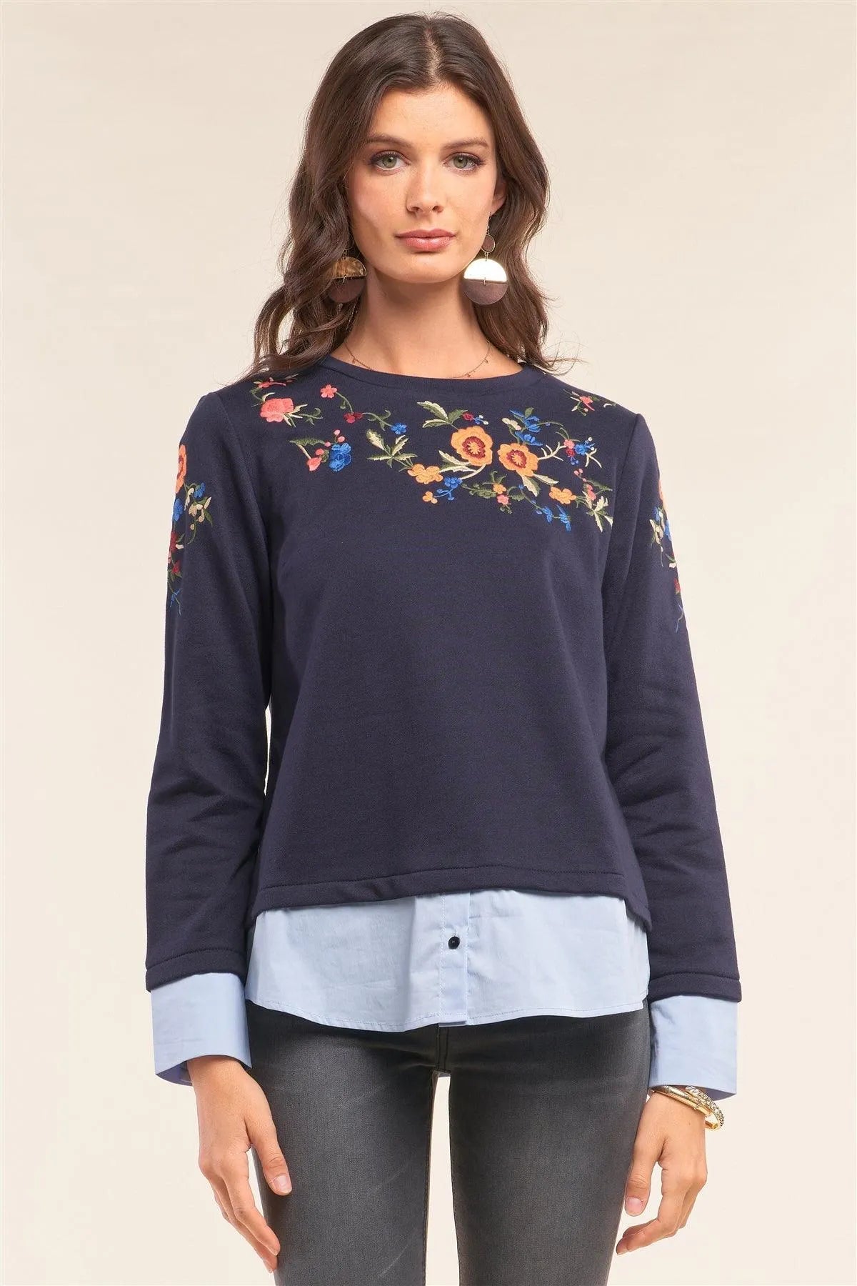 Navy Blue Floral Embroidery Crew Neck Long Sleeve Preppy Inspired Mock Up Shirt Top /1-1-2 - Tasha Apparel Wholesale