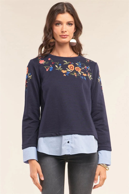 Navy Blue Floral Embroidery Crew Neck Long Sleeve Preppy Inspired Mock Up Shirt Top /1-1-2 - Tasha Apparel Wholesale