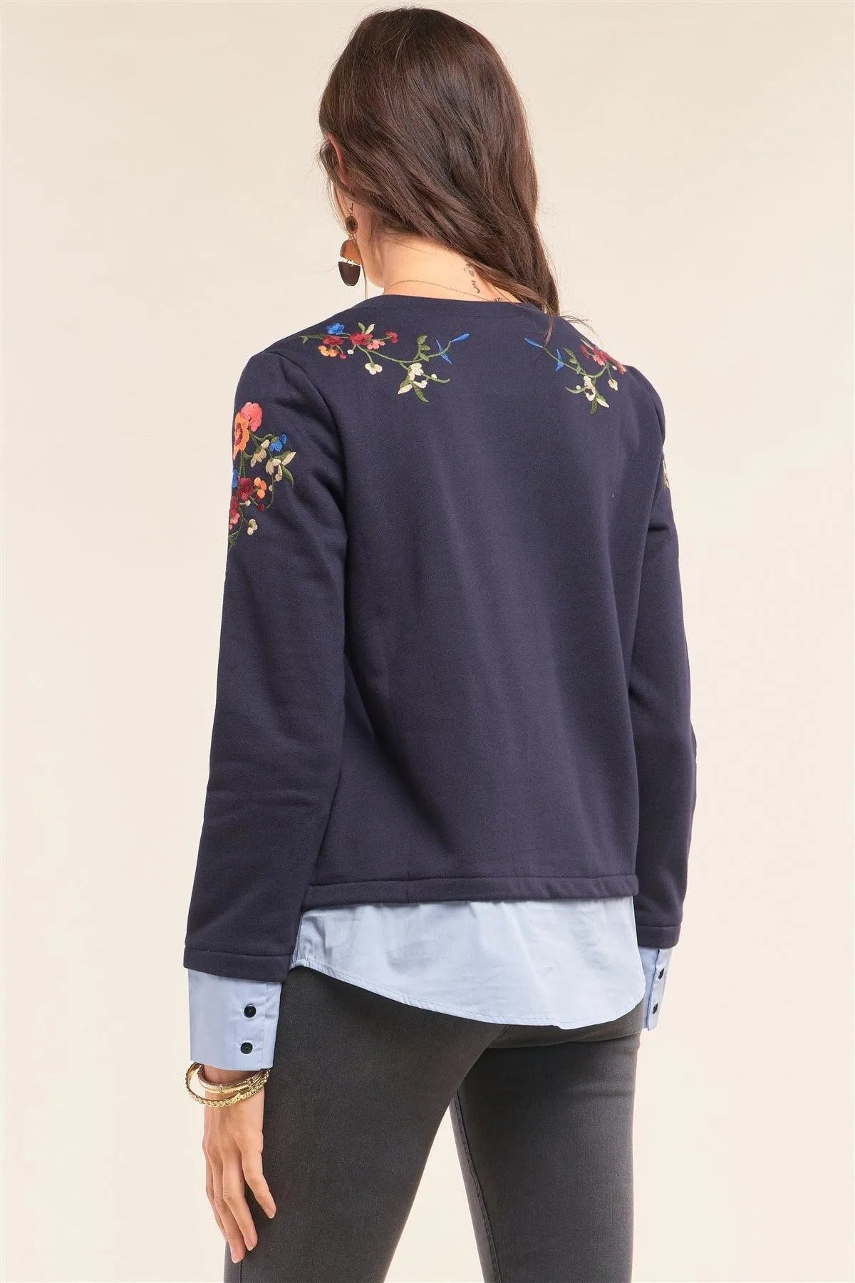 Navy Blue Floral Embroidery Crew Neck Long Sleeve Preppy Inspired Mock Up Shirt Top /1-1-2 - Tasha Apparel Wholesale