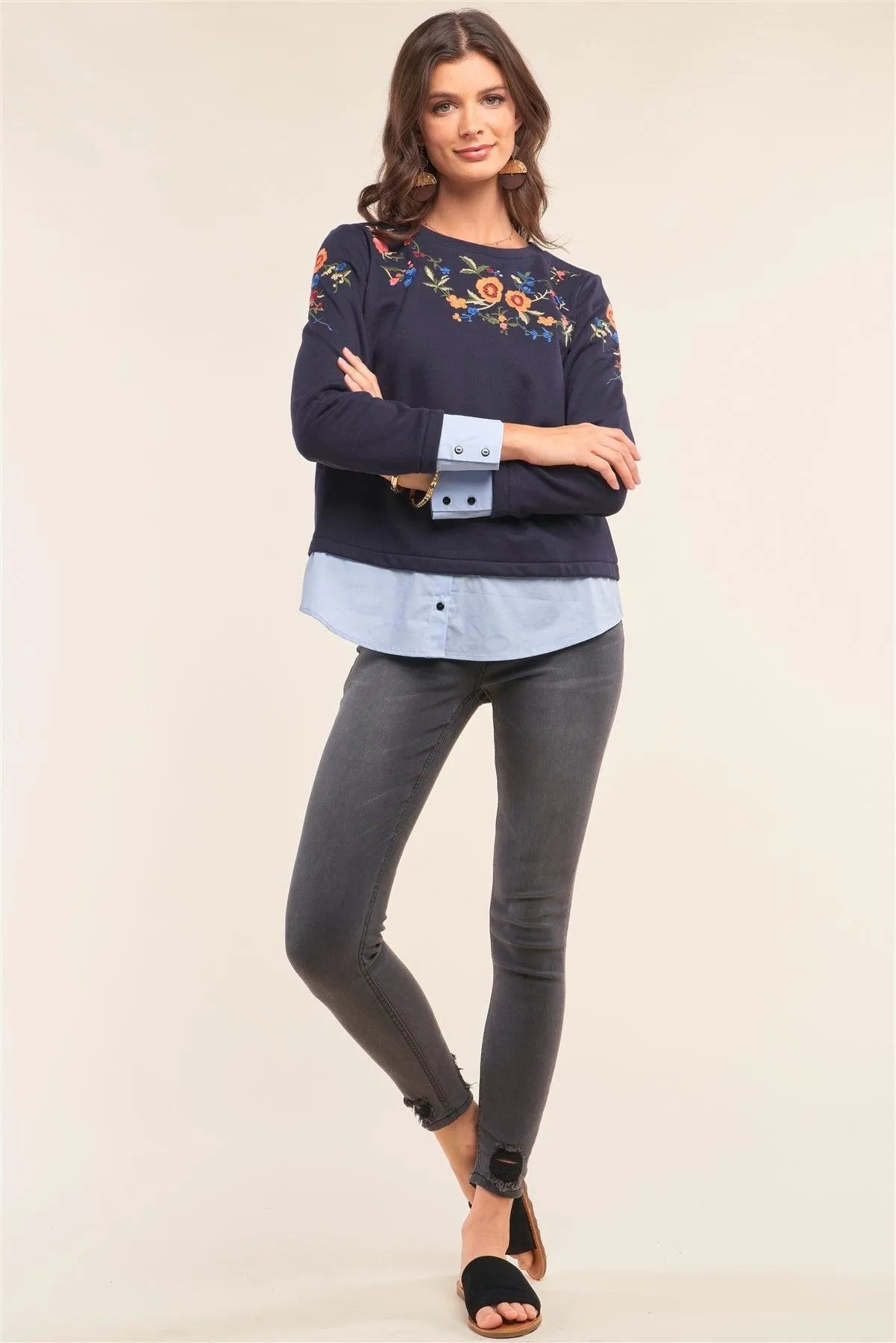 Navy Blue Floral Embroidery Crew Neck Long Sleeve Preppy Inspired Mock Up Shirt Top /1-1-2 - Tasha Apparel Wholesale
