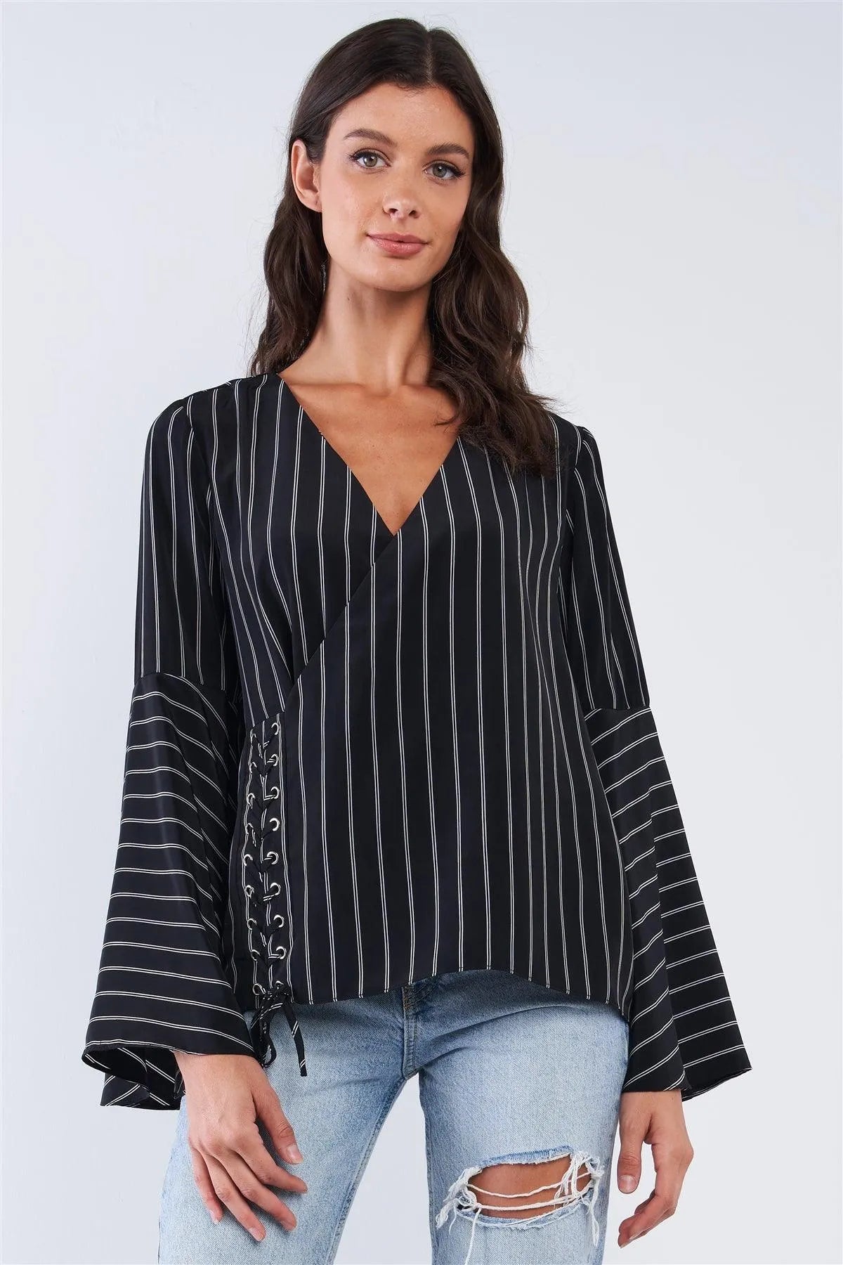 Black V-Neck Wrap Loose Fit White Horizontal Double Stripe Bellflower Long Sleeve Front Cross Threading Corset Detail Top /1-2-2-1 - Tasha Apparel Wholesale