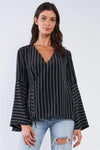 Black V-Neck Wrap Loose Fit White Horizontal Double Stripe Bellflower Long Sleeve Front Cross Threading Corset Detail Top /1-3-2-1 - Tasha Apparel Wholesale
