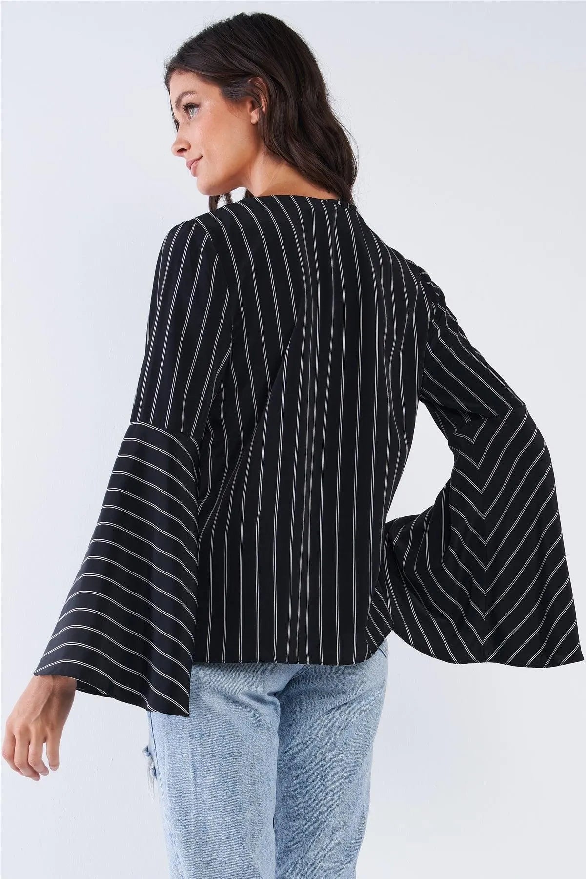 Black V-Neck Wrap Loose Fit White Horizontal Double Stripe Bellflower Long Sleeve Front Cross Threading Corset Detail Top /1-3-2-1 - Tasha Apparel Wholesale