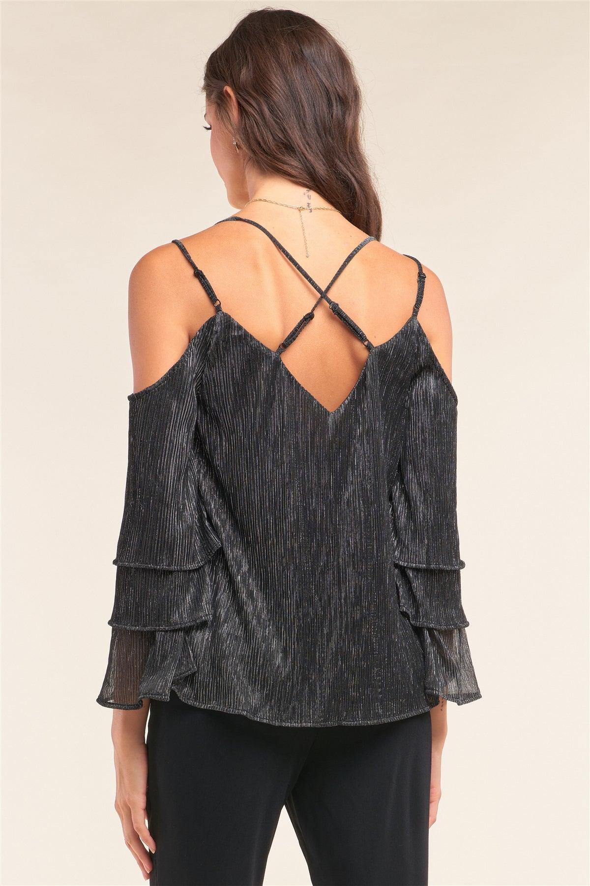 Silver Lining Shimmer Mesh Off-The-Shoulder Long Layered Sleeve Relaxed Fit V-Neck Crisscross Back Top /2-3