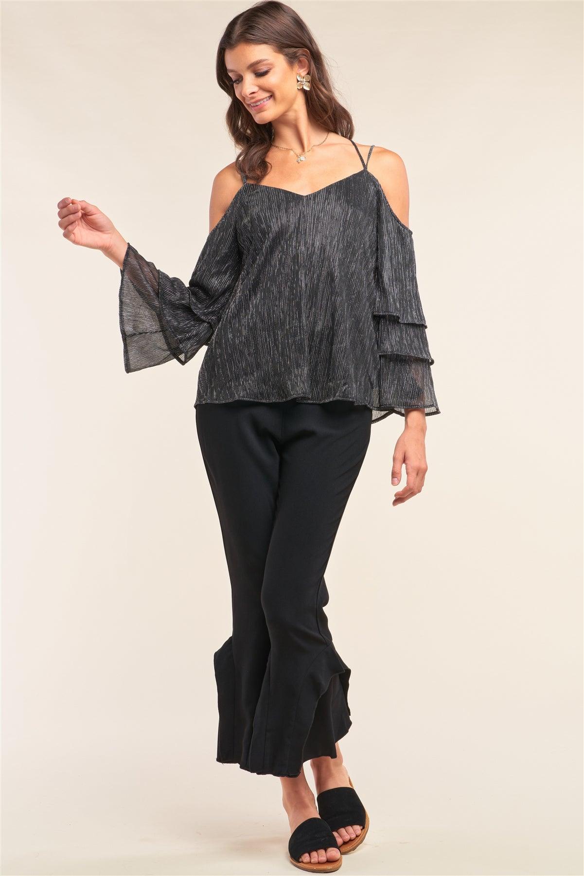 Silver Lining Shimmer Mesh Off-The-Shoulder Long Layered Sleeve Relaxed Fit V-Neck Crisscross Back Top /2-3