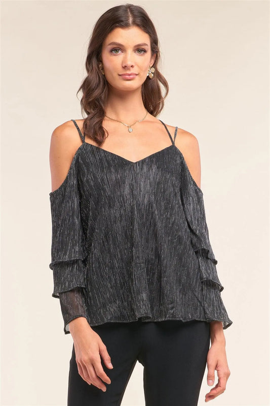 Silver Lining Shimmer Mesh Off-The-Shoulder Long Layered Sleeve Relaxed Fit V-Neck Crisscross Back Top - Tasha Apparel Wholesale