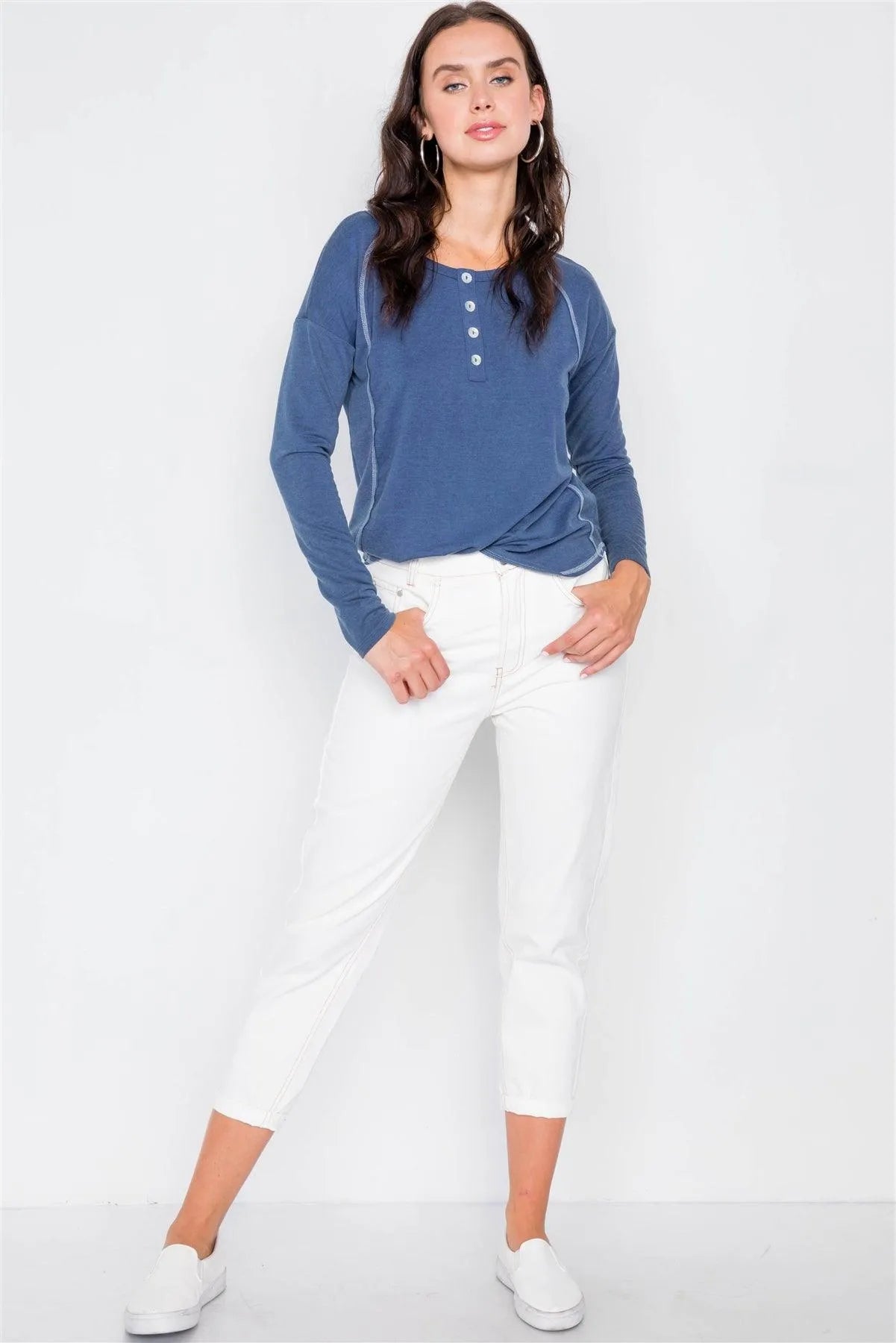 Denim Blue High-Low Long Sleeve Top /2-2-2 - Tasha Apparel Wholesale