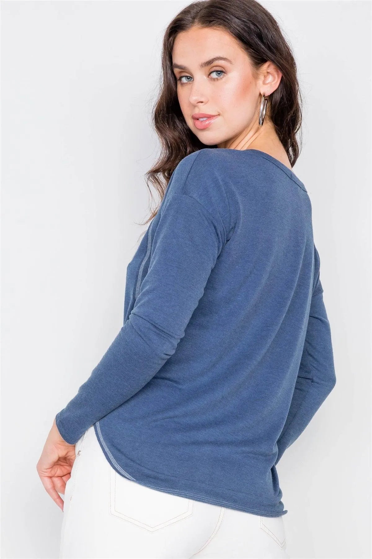 Denim Blue High-Low Long Sleeve Top - Tasha Apparel Wholesale