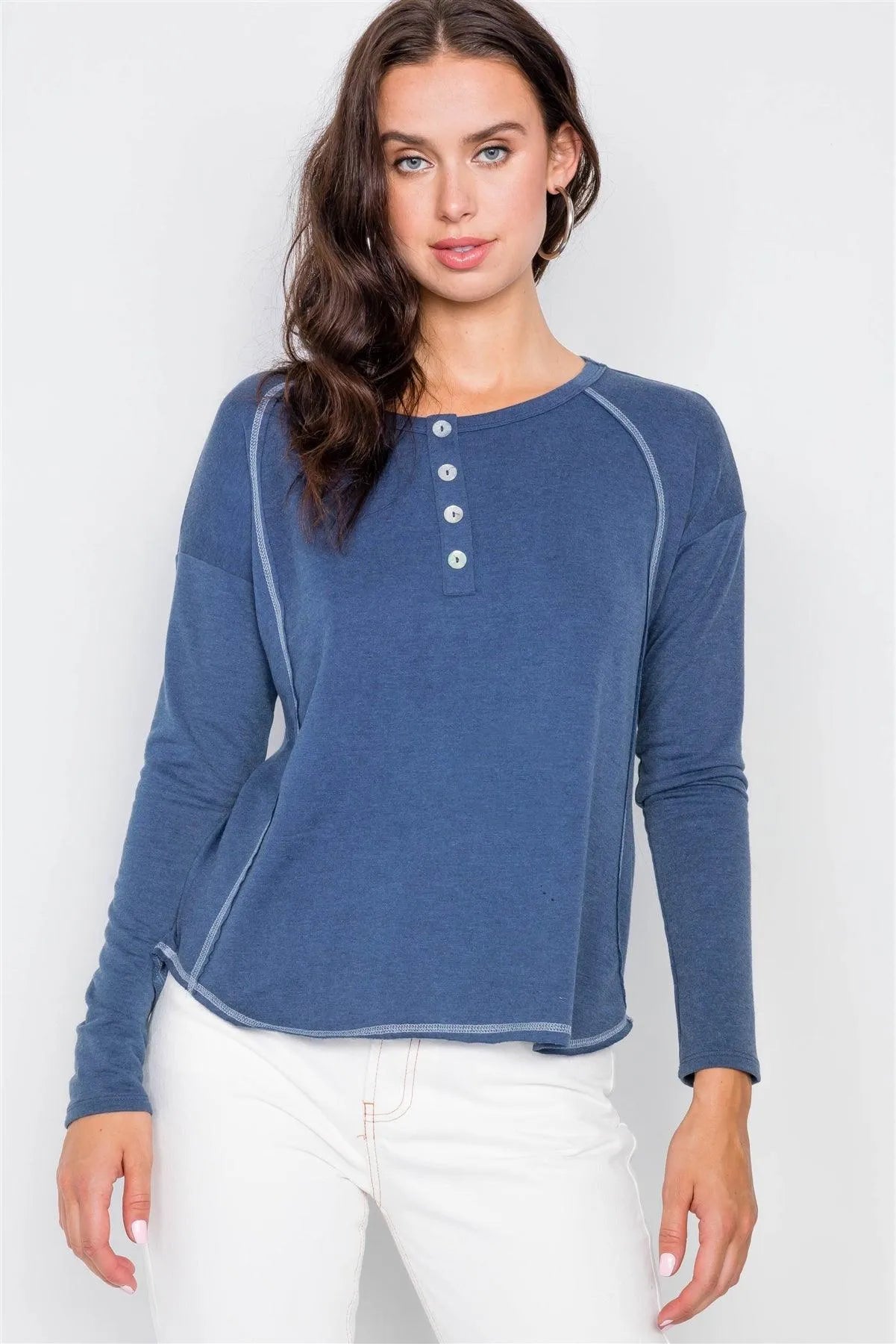 Denim Blue High-Low Long Sleeve Top - Tasha Apparel Wholesale