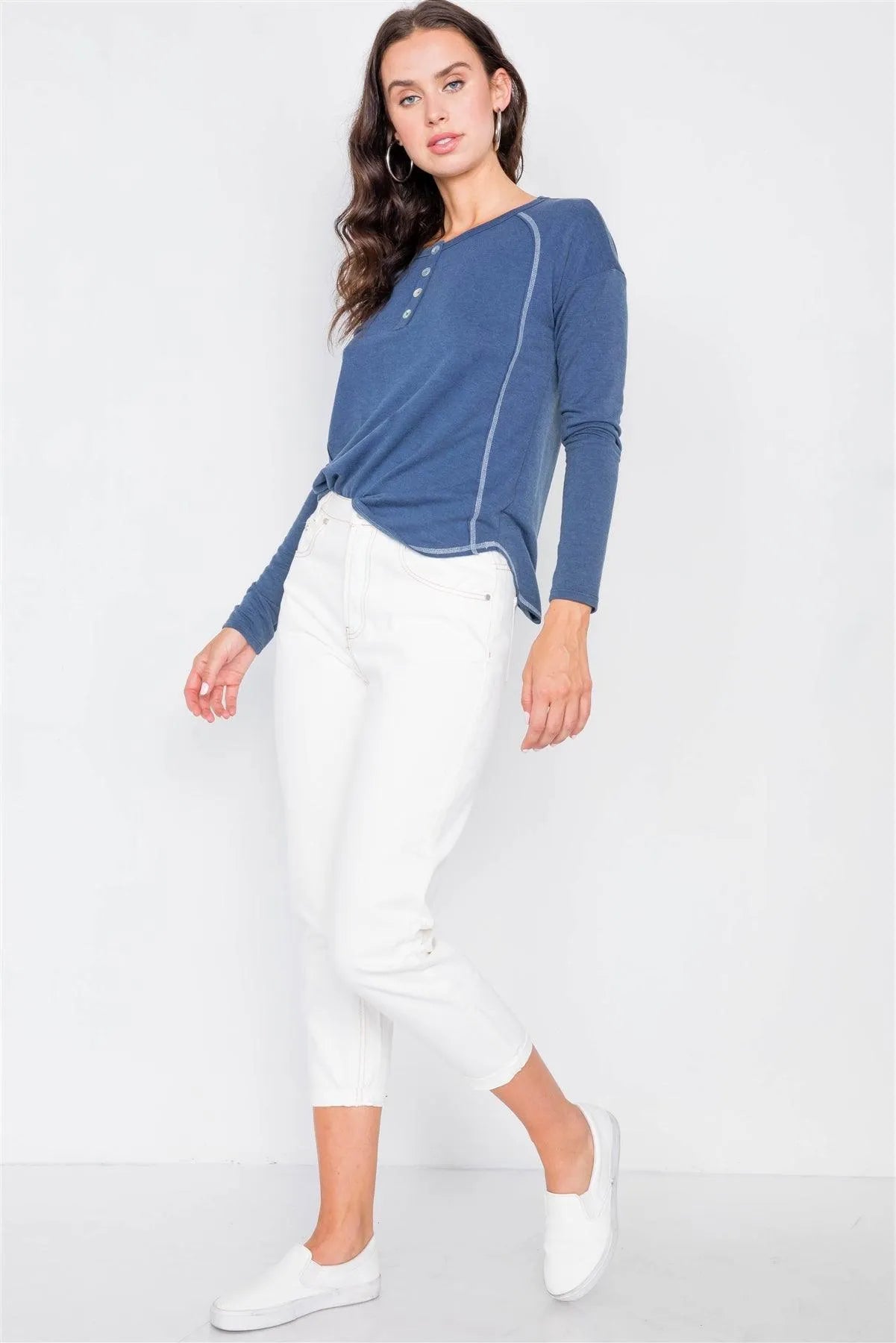 Denim Blue High-Low Long Sleeve Top - Tasha Apparel Wholesale